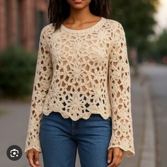 Cloth By Design Cream Crochet Long Sleeve Top Beachy Artsy Logenlook Preowned - Picture 13 of 13